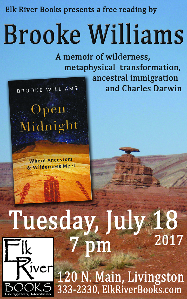 Image for Brooke Williams reading event for Open Midnight Poster, 18 July 2017