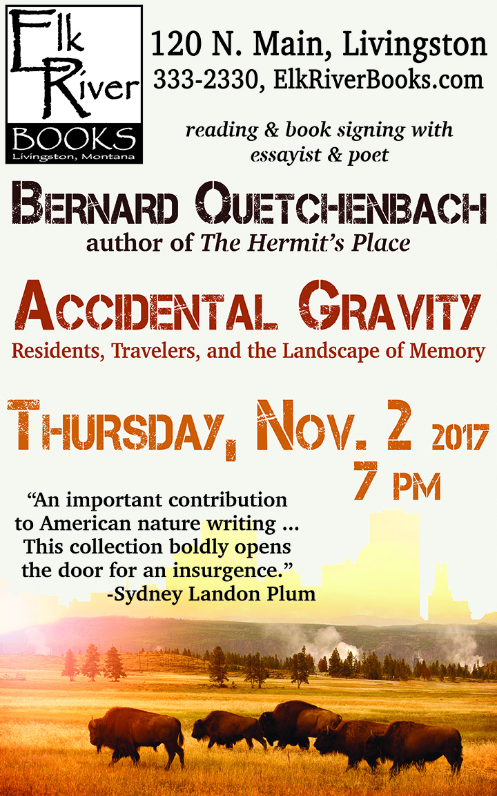 Image for Bernard Quetchenbach reading event for Accidental Gravity poster, 2 November 2017